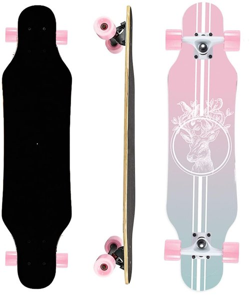 Mini Cruiser Longboard, 31 Inch Small Size Wide Wheel Skateboard, Beginner Stable & Easy-to-Control Skateboard, Suitable for Park & Street Riding, Unique Flame Pattern (Pink)