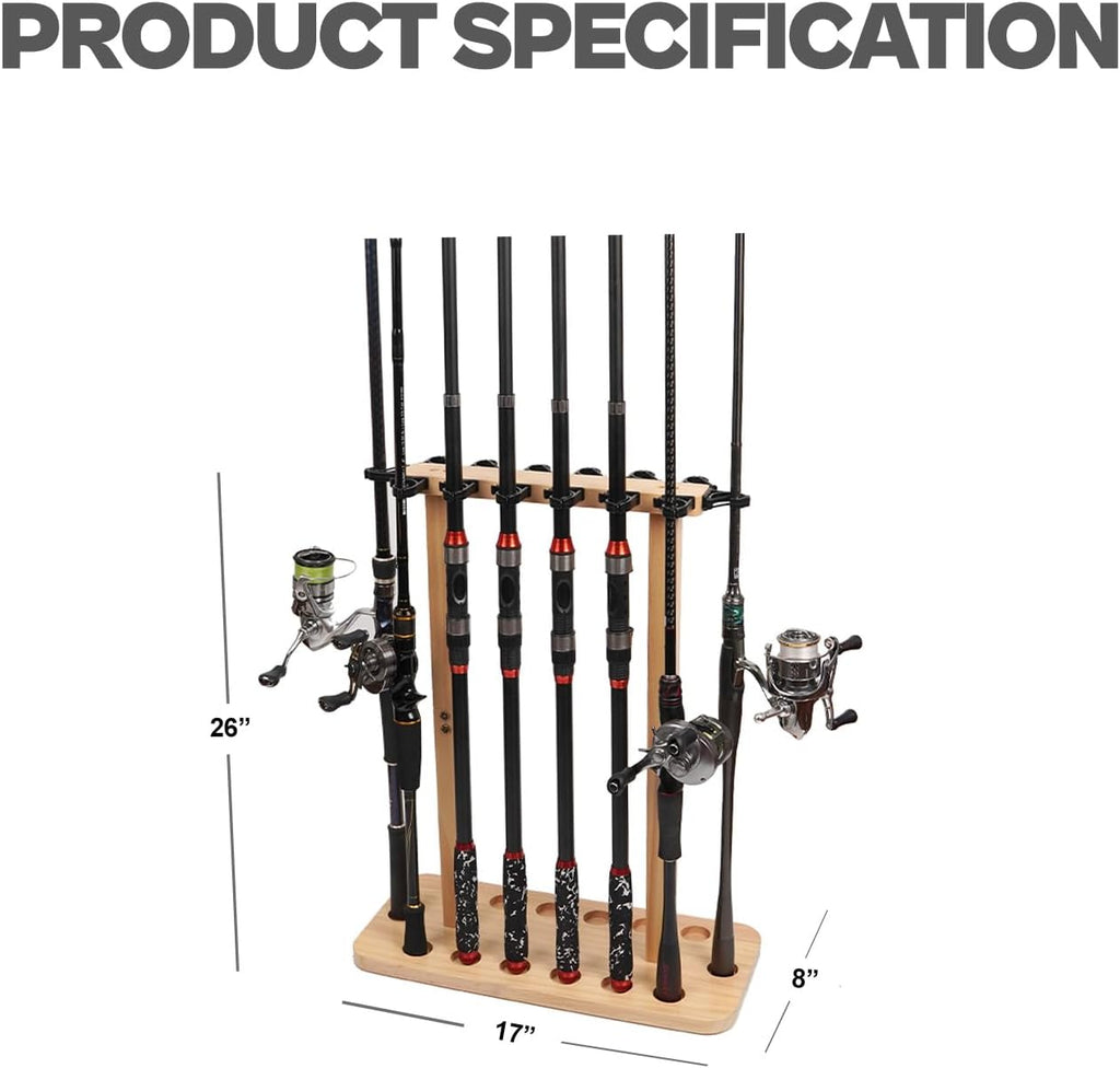 Skiennix Fishing Rod Storage Rack - 100% Wood Floor Stand for 14 Rods or Combos | Garage Organizer
