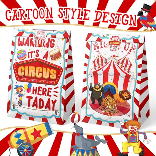 Circus Party Favor Bags - 24 Watercolor Carnival Gift Bags with Stickers