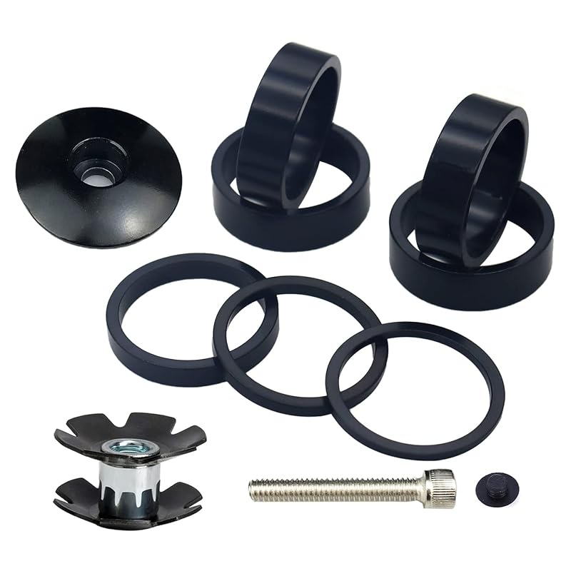 1-1/8 Inch Aluminium Bicycle Headset Spacer with Stem Top Cap, Includes Star Nut (Black) - 7 Pieces