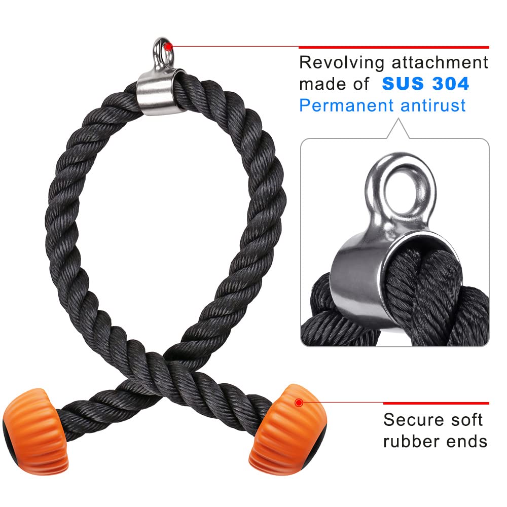 SELEWARE Tricep Rope Cable Machine Attachments for Gym, Universal Tricep Pull Down Rope with Soft Rubber Ends for Pulley System Home Gym Workout Fitness (Orange, 28")