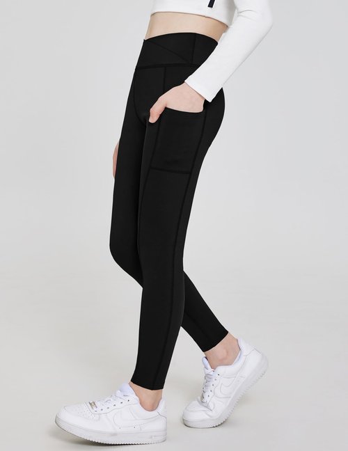 Arshiner Girls Athletic Leggings with Pockets Kids Crossover High Waisted Dance Workout Running Yoga Pants Black