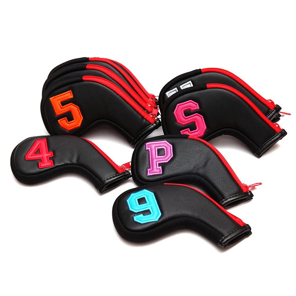 SHABIER Colorful Number Golf Iron Head Covers Iron Headovers Wedges Covers 4-9 ASPX 10pcs (Black with Zipper)