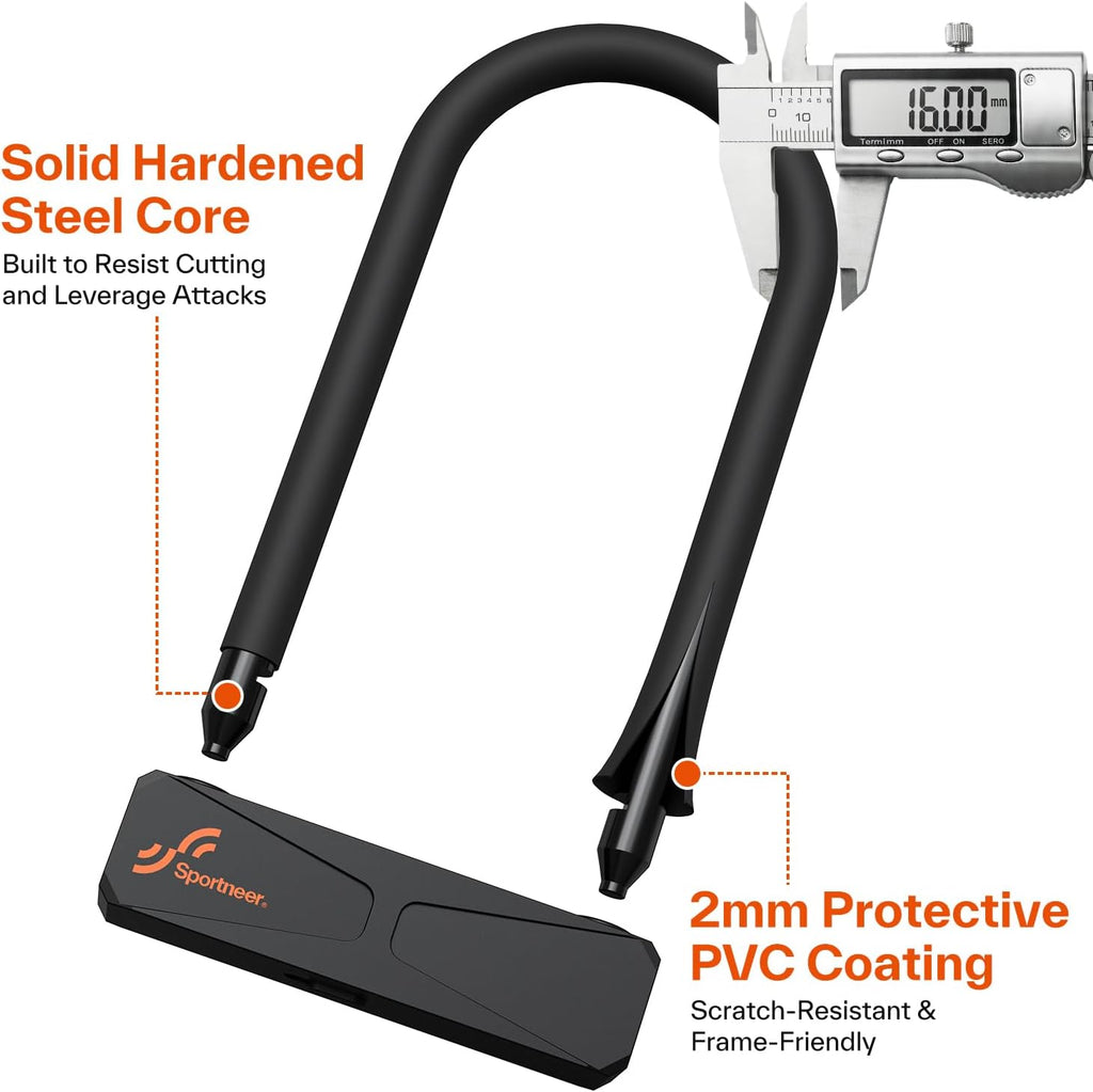 Sportneer Bike Lock - Heavy Duty 16mm Anti-Theft U Lock with 3 Keys & Sturdy Mounting Bracket | 8.7''x5.9''