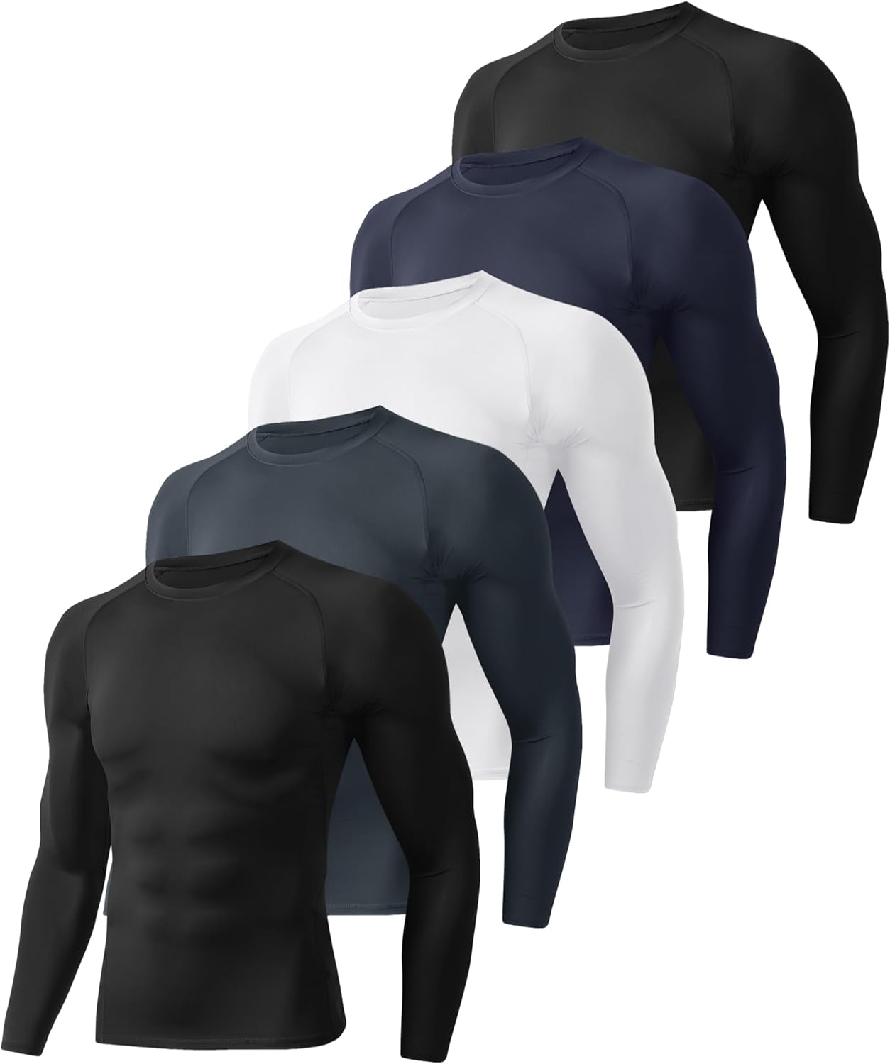 Skiennix Long Sleeve Compression Shirts - 5 Pack Black Quick-Dry Base Layer for Athletic Gym Wear