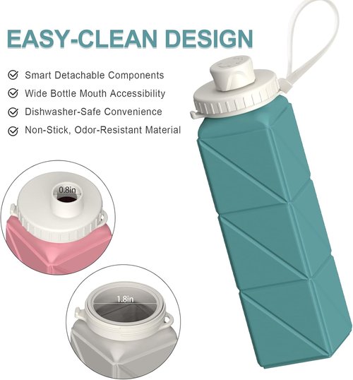 Beautail Collapsible Water Bottle - 20.6oz Silicone Travel Bottle | BPA-Free, Leakproof, Blue