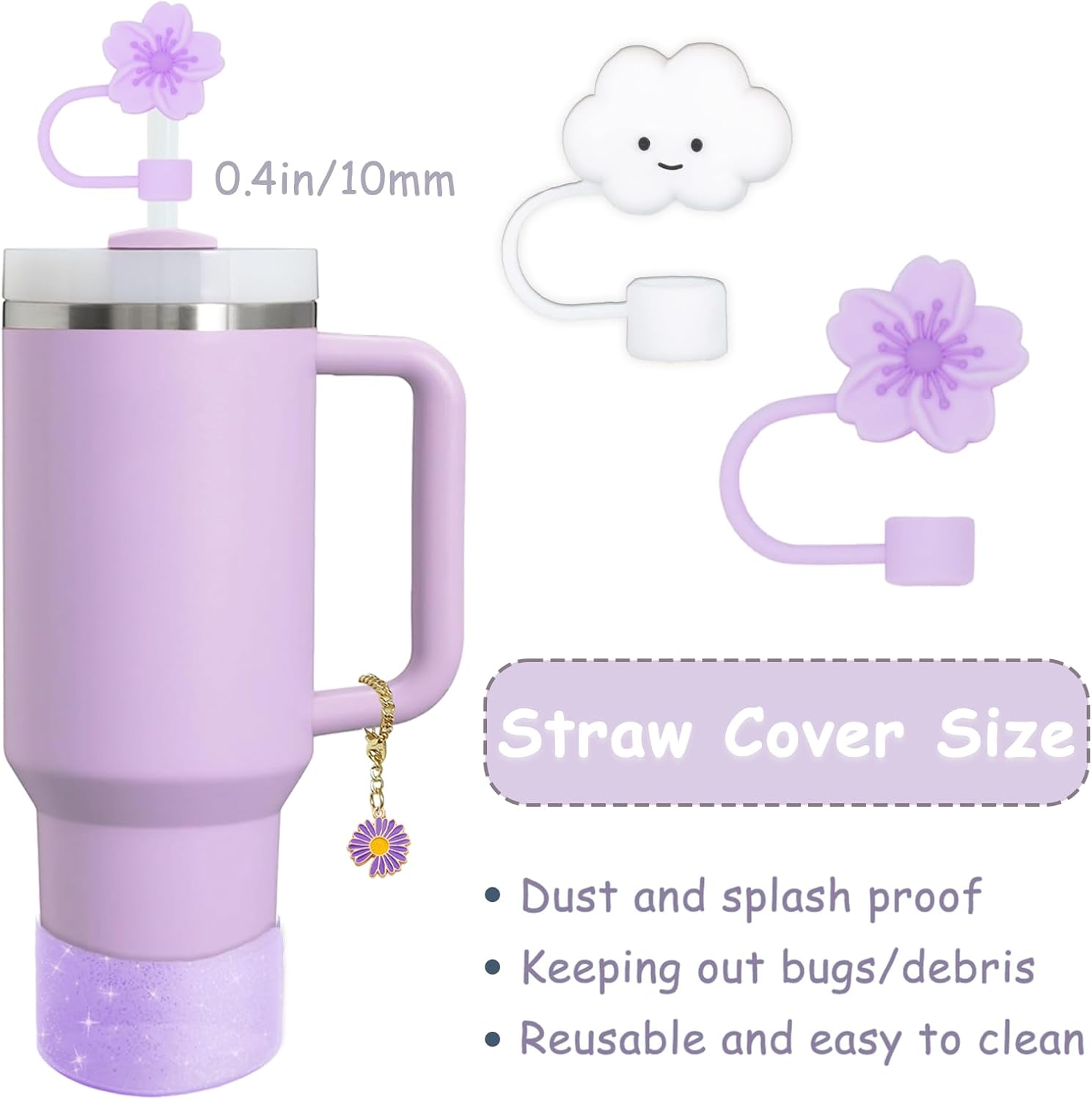 Stanley Cup Accessories Set - 2 Straw Covers, 1 Spill-Proof Stopper & 1 Flower Handle Charm - Purple