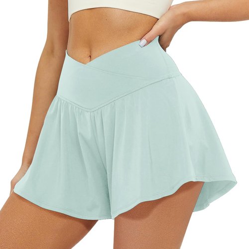 FireSwan Women's Crossover Athletic Shorts - 2-in-1 Flowy Running Shorts with Pockets & Spandex