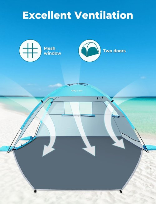 Glymnis Beach Tent Sun Shelter for 3 Person with UPF 50+ UV Protection, Lightweight & Easy Setup Beach Shade Canopy with Vent Windows & Zippered Door - Blue