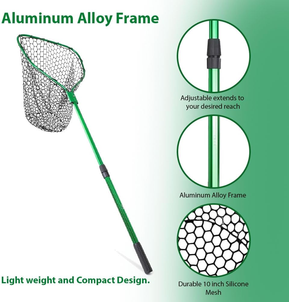 UMT Telescopic Fishing Landing Net - 3.6–5 Ft Adjustable Length, 17" x 19" Large Hoop, Green Silicone Mesh