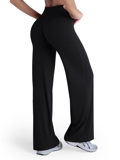 Sunzel Women's Butt Lifting Wide Leg Yoga Pants High Waist Tummy Control No Front Seam Straight Leg Workout Gym Bottoms 33" Black Large