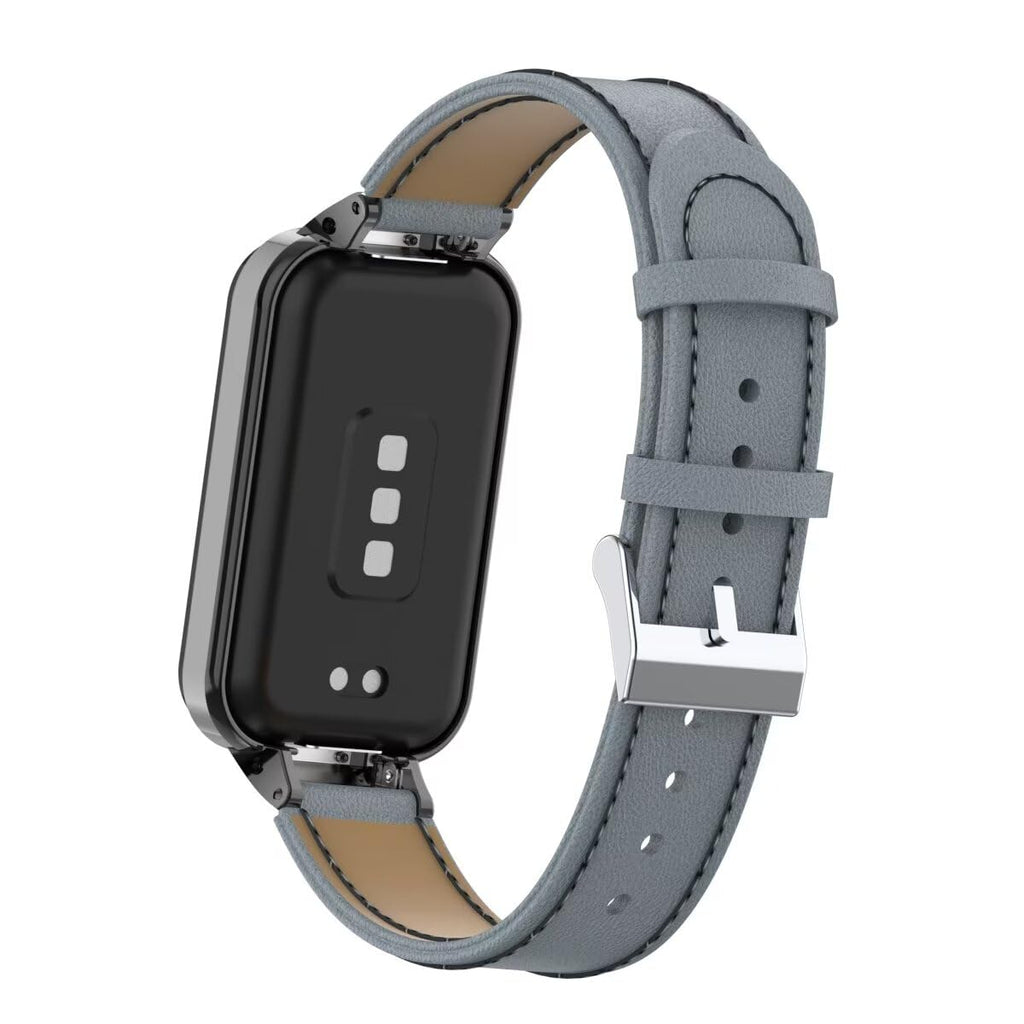 T-BLUER Compatible with Xiaomi Redmi Band 2 Bands,Leather Replacement Bracelet Strap Wristband Accessories with Metal Frame for Xiaomi Smart Band 8 Active,Grey