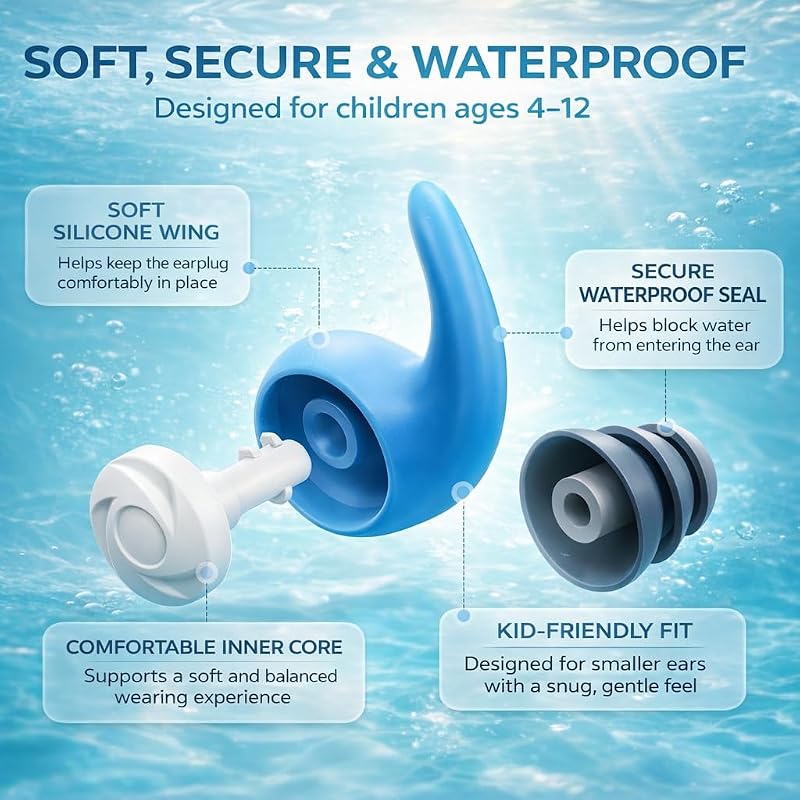 Waterproof Ear Plugs for Adults & Kids, 3 Pairs—Soft Silicone, Blue/Orange/Sky Blue (Variation: Blue, Orange, Sky Blue-Kids)