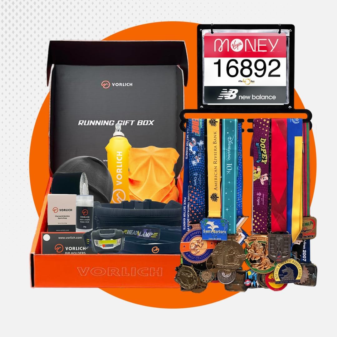 Vorlich Ultimate Running Gift Bundle - 13 Essential Items with Race Bib & Medal Display