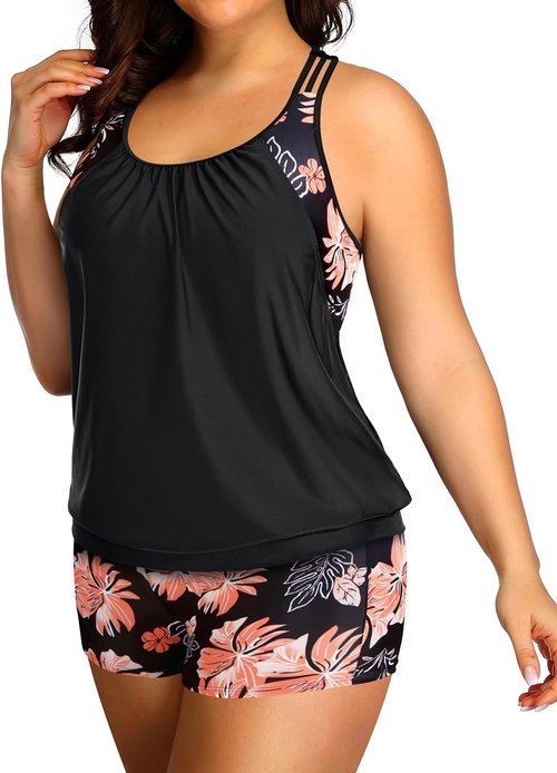 Holipick Plus Size Tankini Swimsuit - Tummy Control Blouson Top with Shorts | Stylish & Comfortable