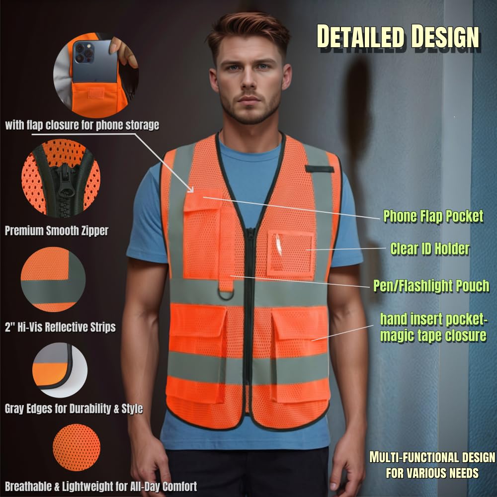IDOU High Visibility Orange Reflective Safety Vest - Breathable Work Vest with 5 Pockets & Zipper, Comfort Fit for Construction, Night Shifts, Outdoor Use L