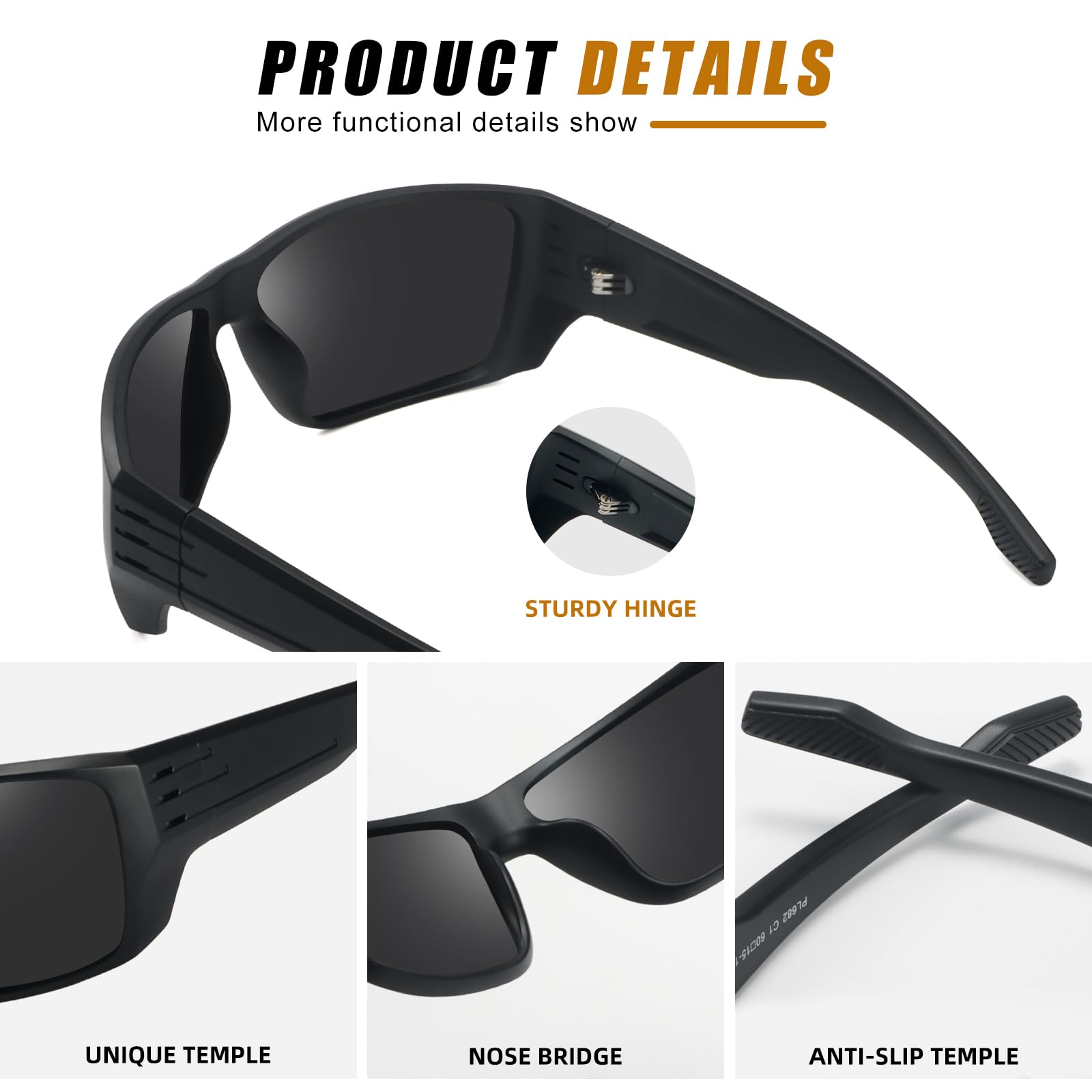 Polarized Sports Sunglasses for Men Women,Square Frame Cycling Fishing Wrap Around Sunglasses UV400 Protection Black