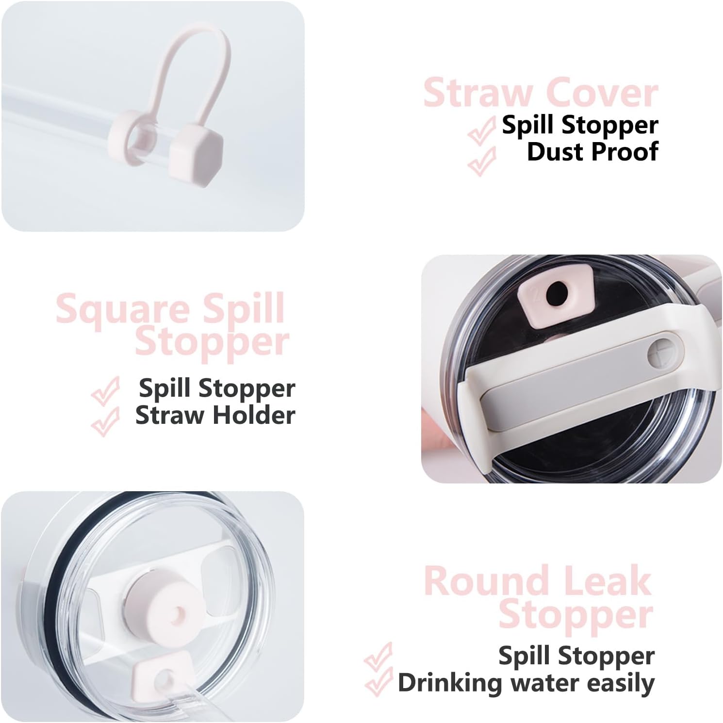 Silicone Spill Stopper Set - Compatible with Stanley Cup 2.0 | 30oz & 40oz with Straw Cover (Set of 2, Rose Quartz)