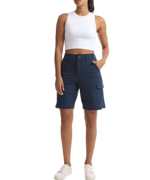 Kcutteyg Women's Lightweight Hiking Cargo Shorts with Pockets-8" Inseam Water Resistant Athletic Shorts for Golf Camping Casual (Navy Blue, Large)