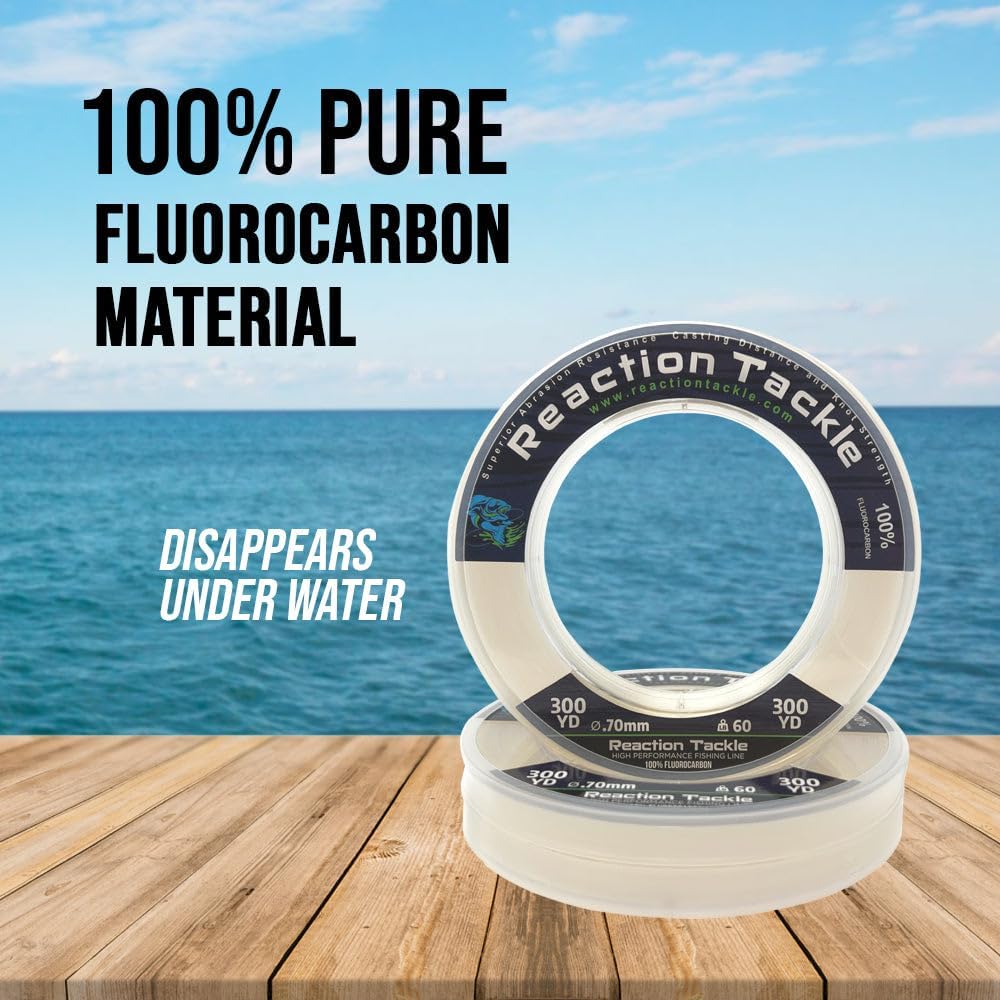 Reaction Tackle 100% Pure Fluorocarbon Fishing Line - High Strength & Abrasion-Resistant | Fast-Sinking & Invisible