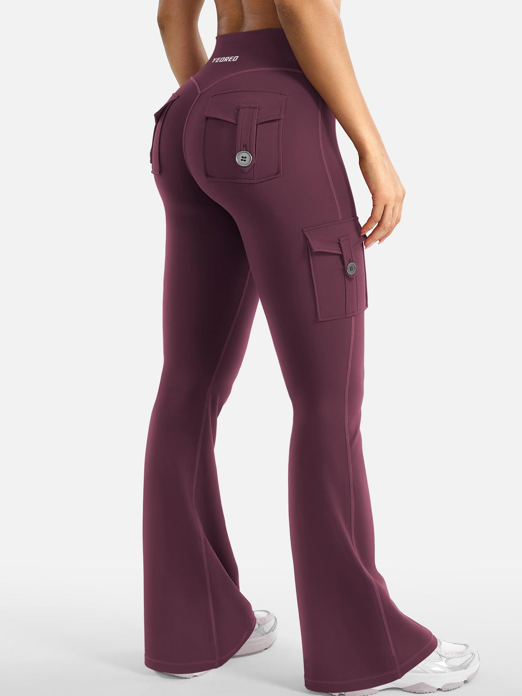YEOREO CoreFlex Women Workout Flare Leggings with Pockets Hidden Scrunch Cargo Gym Yoga No Front Seam Leggings Black Cherry S