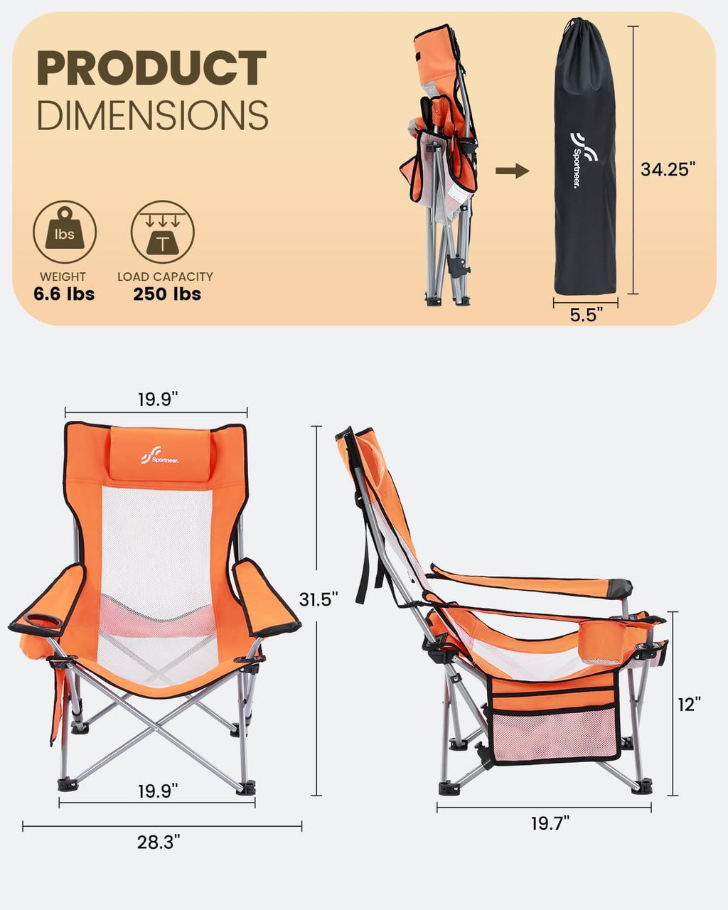 Sportneer Portable Beach Chair - Reclining Position with Cup Holder & Side Pocket | Compact Folding Design for Camping & Festivals