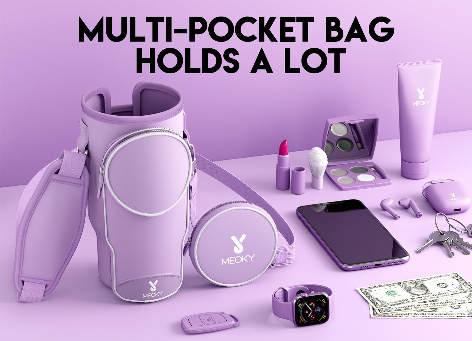 Meoky Water Bottle Carrier Bag with Phone Pocket for 40 oz Tumbler with Handle, Neoprene Water Bottle Holder Pouch with Adjustable Strap, 2 Carabiner Clips (Lilac)