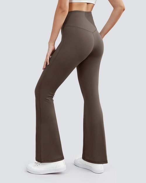 AB-Eleven Yoga Pants for Women High Waisted Flare Leggings Bell Bottom Leggings Front Seamless Flared Workout Pants Tummy Control Brown