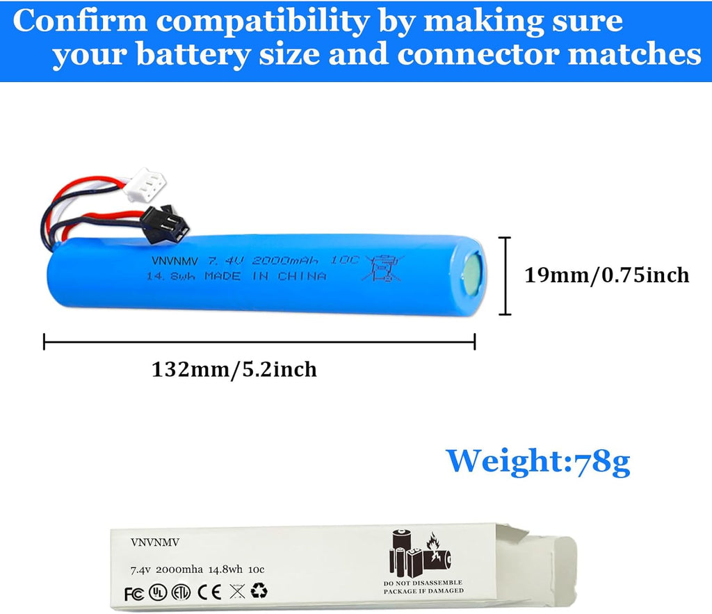 Splatrball 7.4V 2000mAh Rechargeable Battery - USB Charger Compatible with SRB1200 & 400 Gel Blasters