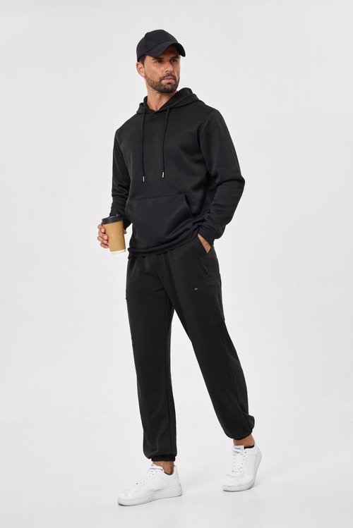 SILKWORLD Mens Cargo Sweatpants Elastic Bottom Baggy Joggers for Men Loose Fit Lounge Pants with Zipper Pockets Black Large