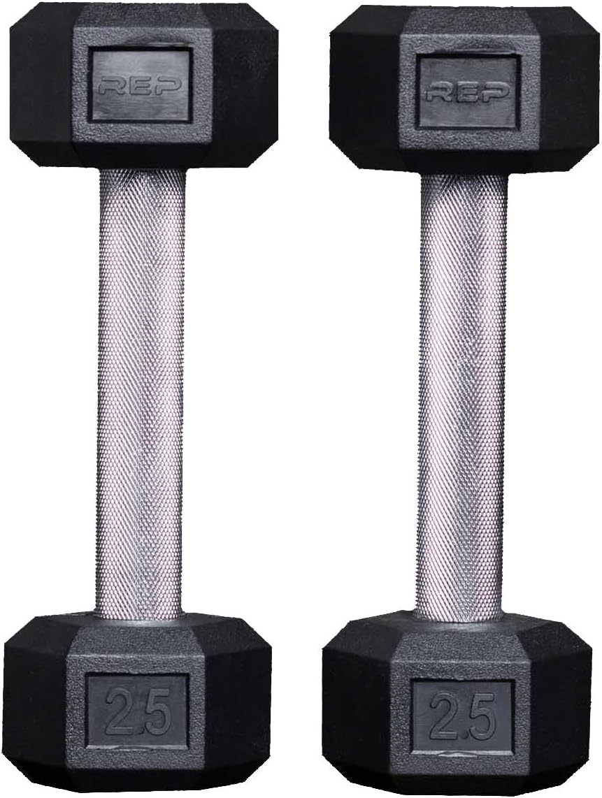 Rep Fitness Rubber Hex Dumbbells - Low Odor, Fully Knurled Handle | Singles (55LB+) & Pairs (5LB-50LB)