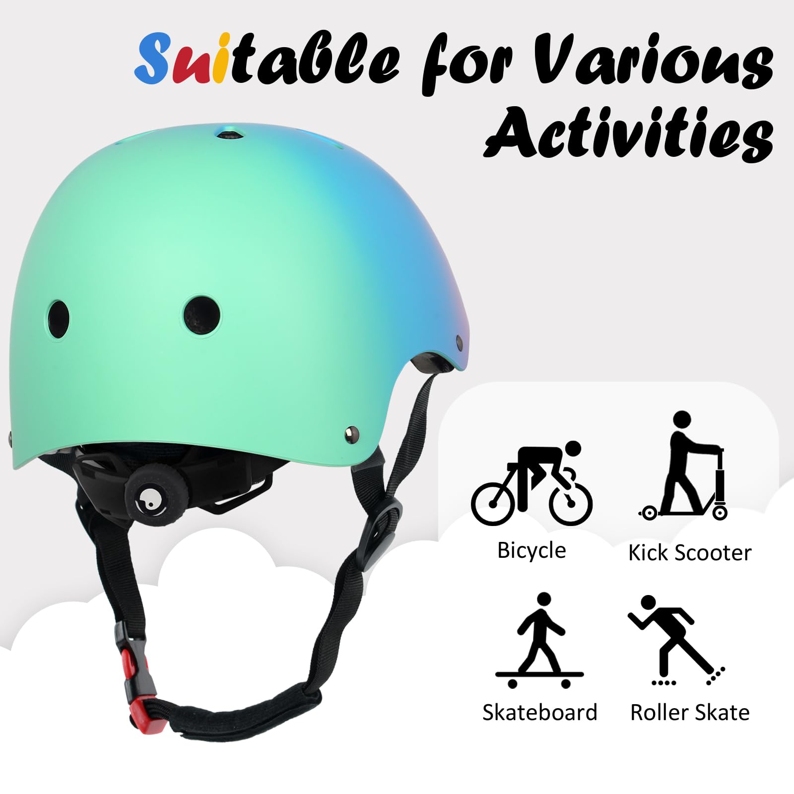 Kids Bike Helmet, Adjustable and Multi-Sport, from Toddler to Youth, 3 Sizes (Pink Blue Green)