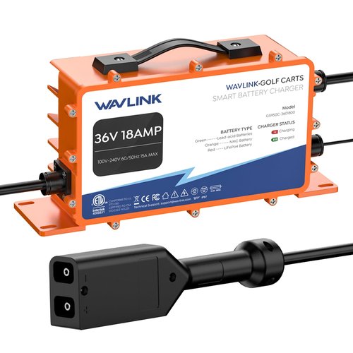 WAVLINK 36V 18 AMP Golf Cart Battery Charger, IP67 Waterproof, LiFePO4/NMC/Lead-Acid Compatible (D Plug for TXT/EZGO)