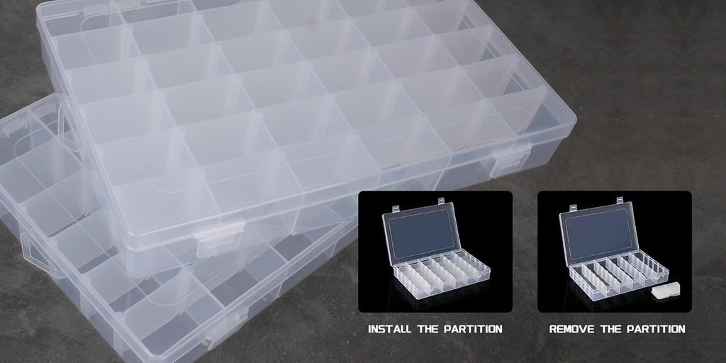 Skiennix Clear Plastic Storage Box - Rectangular Organizer for Beads, Jewelry & Crafts | 36 Grids with Labels
