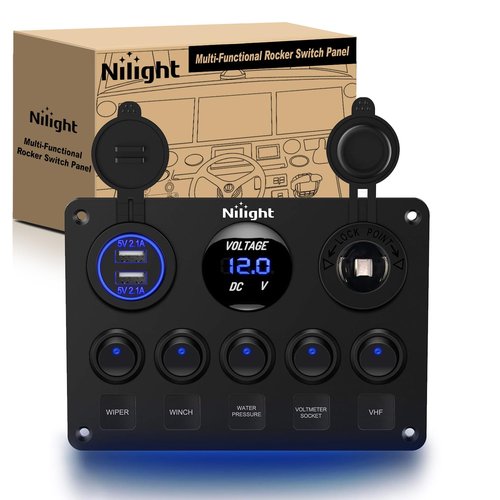 Nilight 90101E Multi-Function 5 Gang Rocker Switch Panel - Dual USB Charger & Digital Voltmeter for RV, Boat, Truck, Trailer - 12V Outlet with Circuit Breakers, Blue