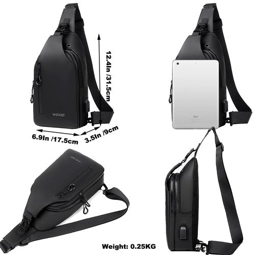 Hjkiopc Waterproof Sling Bags Mens Anti-theft Shoulder Crossbody Backpack with USB Charging Port& Headphone,Outdoor Lightweight Bag (Black)