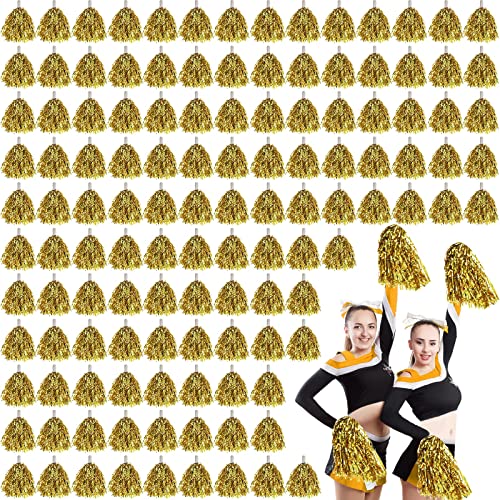 150 Pcs Gold Metallic Cheerleading Pom Poms with Handles for Sports & Events