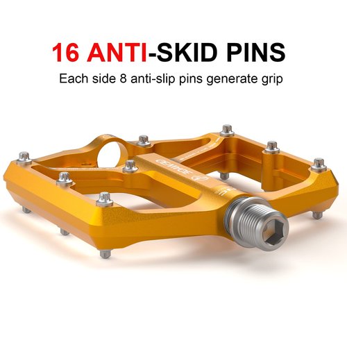 Road/Mountain Bike Pedals - 3 Bearings Bicycle Pedals - 9/16” CNC Machined Flat Pedals with Removable Anti-Skid Nails (Gold)