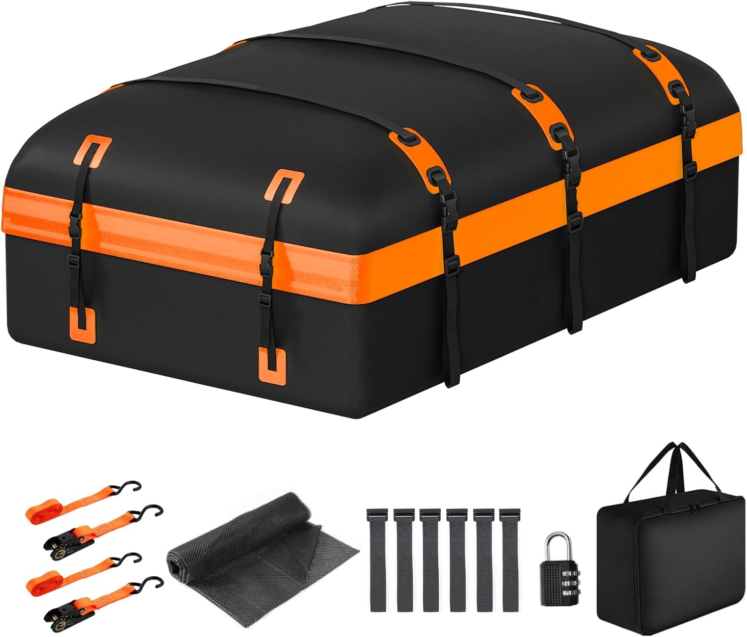 Skiennix Rooftop Cargo Carrier Bag - 30 Cubic Feet Waterproof Soft-Shell Design | Includes Anti-Slip Mat & Straps (Orange)