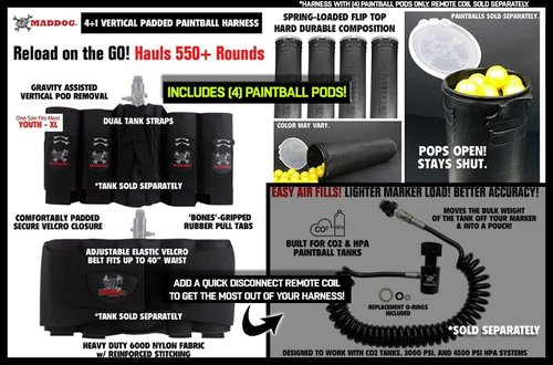Maddog 4+1 Vertical Paintball Harness - Includes 4 Pods & Pouch for 88ci Tank | Remote Coil Compatible