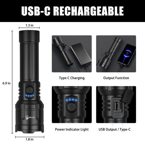 ULTRAFIRE Flashlights High Lumens with Ignition Lens, 1500 LM Super Bright Zoomable Tactical Flashlight with Holster, Reverse Charging, 3 Modes LED Rechargeable Flash Light for Camping, Emergency
