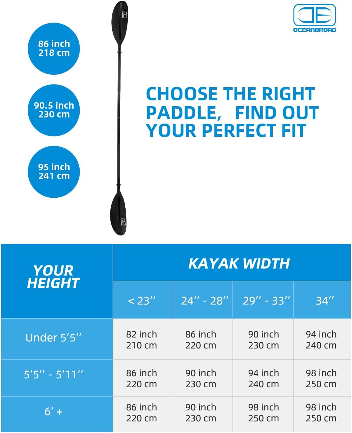 OCEANBROAD Kayak Paddle - Lightweight Alloy Shaft | 86in, 90.5in, 95in Options with Paddle Leash
