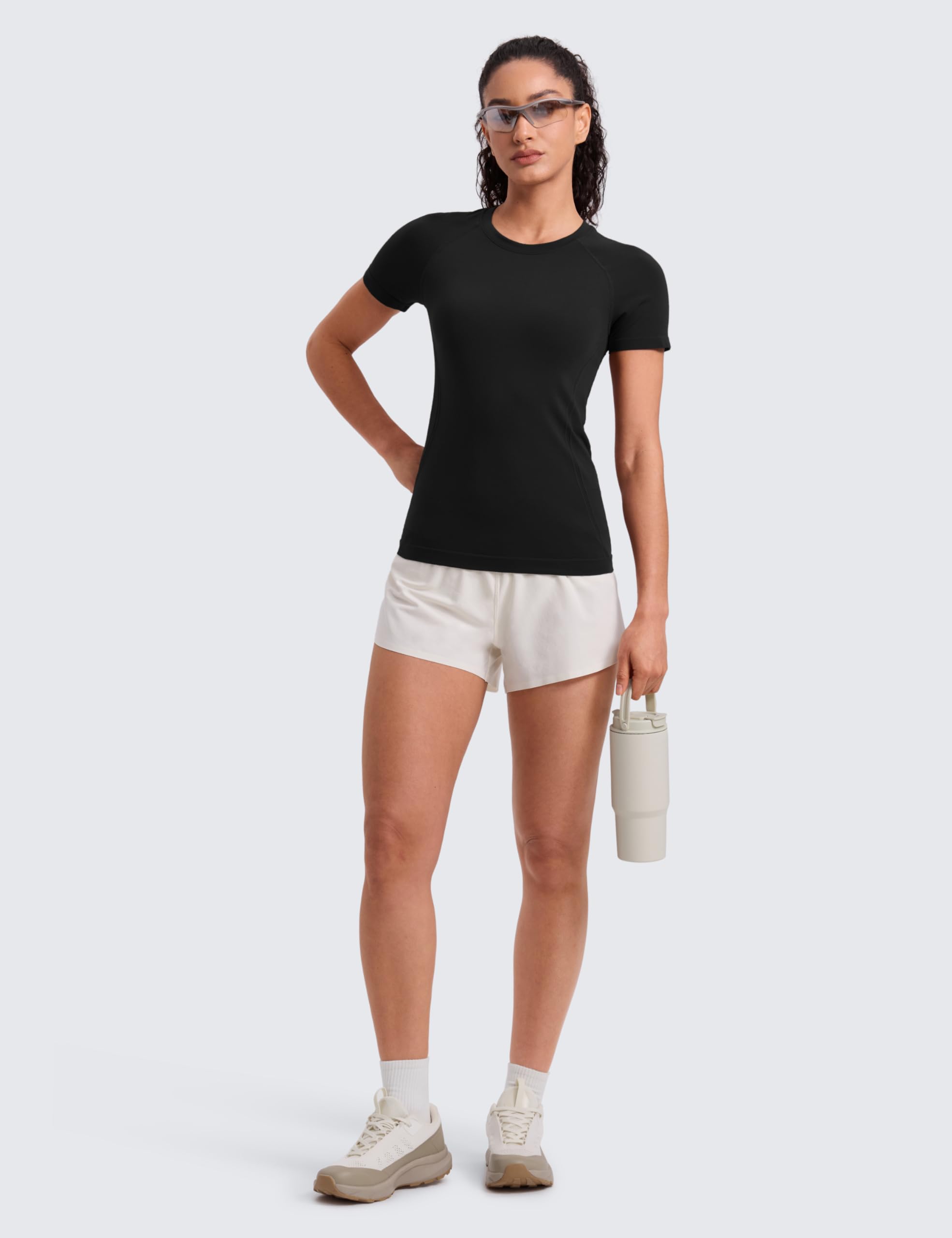 CRZ YOGA Seamless Workout Tops for Women Hip Length - Athletic Running Gym Yoga Short Sleeve Shirts Breathable Crewneck Tees Black X-Small