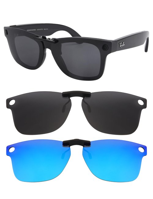 HILEEN Polarized Clip-on Sunglasses for Ray-Ban Meta Wayfarer RW4008 & Gen 2 RW4012 Large 53-22 for Men Women UV Protection-Black+Ice Blue