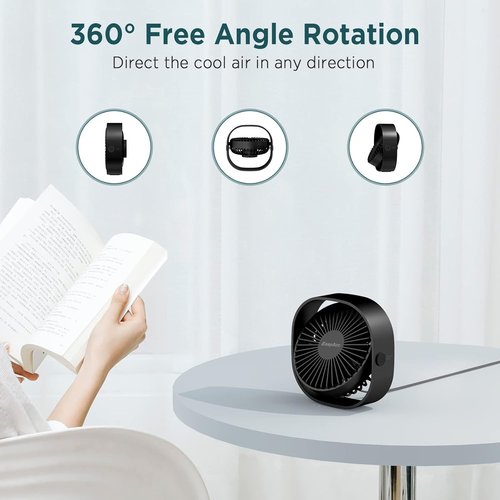 EasyAcc USB Small Desk Fan - 360° Rotatable Head & Powerful 3-Speed Portable Fan for Home & Travel