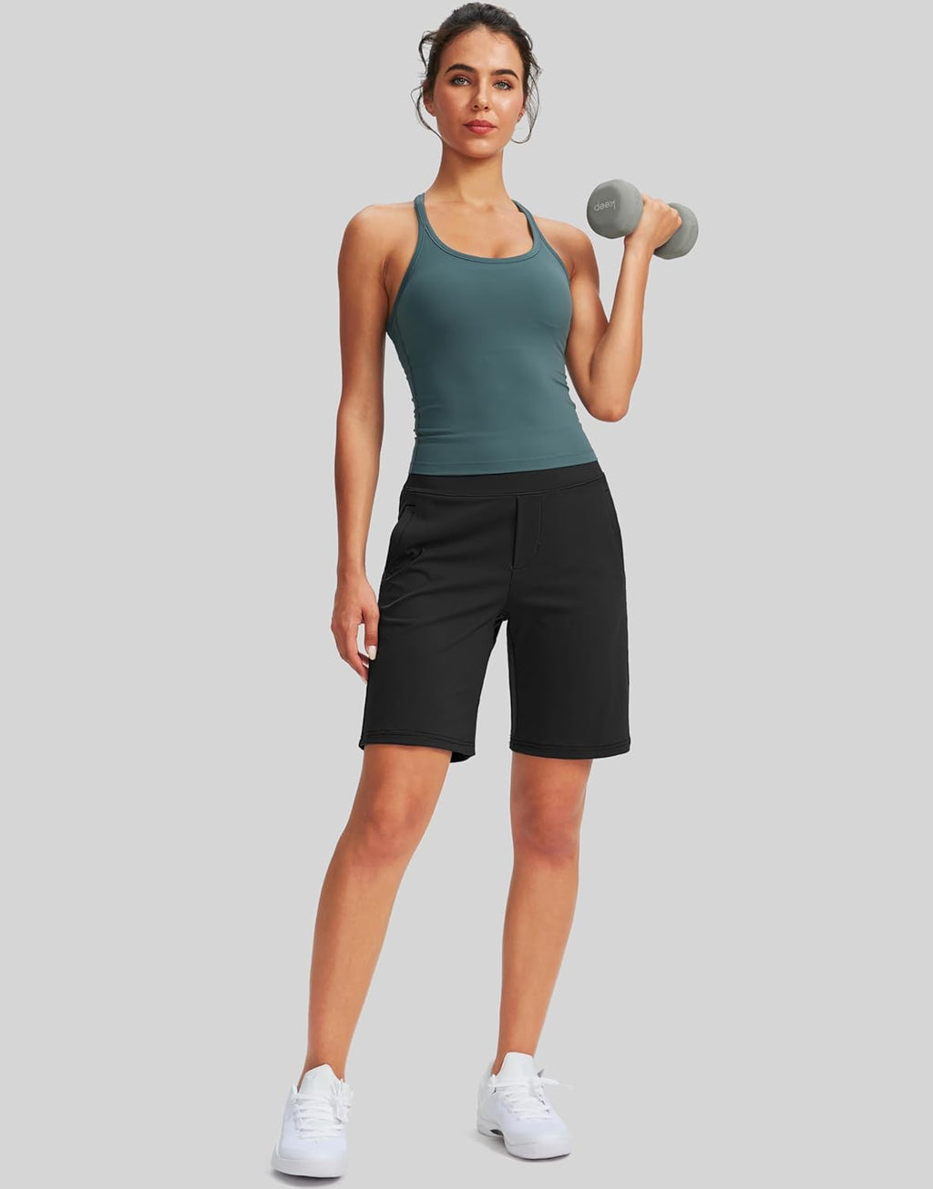 SANTINY Women's High Waisted Bermuda Shorts - 9" Knee Length with 4 Pockets for Athletic Casual Wear