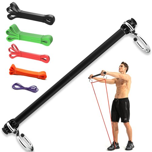 Resistance Band Bar, Portable Pilates Bar with Resistance Bands Home Gym Workouts Stick Squat Yoga Pilates Flexbands Kit for Full Body Shaping (43 Inch Bar + 5PCS Resistance Bands)…