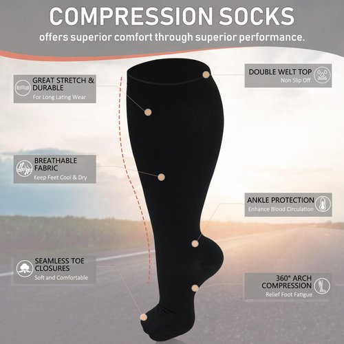 Diu Life Plus Size Compression Socks - Extra Knee High Support for Wide Calves | 3 Pairs for Men & Women