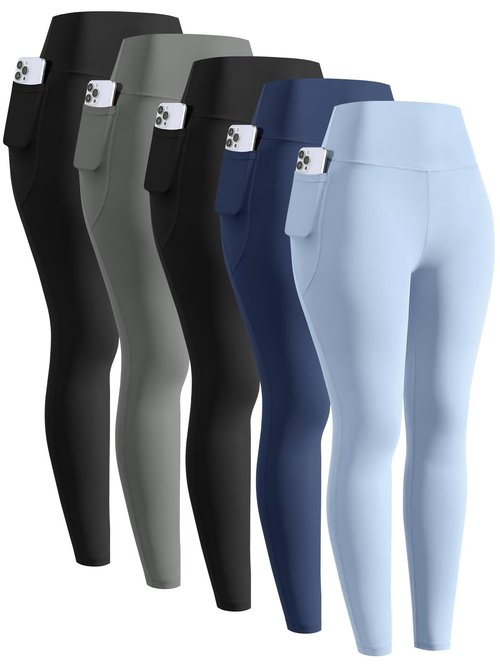 ATTIQOZI 5 Pack Girls' Athletic Leggings, High Waist Leggings for Girls with Pockets, Kids Workout Yoga Pants for Athletic Black/Gr/Black/Navy Blue/Blue L