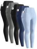 ATTIQOZI 5 Pack Girls' Athletic Leggings, High Waist Leggings for Girls with Pockets, Kids Workout Yoga Pants for Athletic Black/Gr/Black/Navy Blue/Blue L